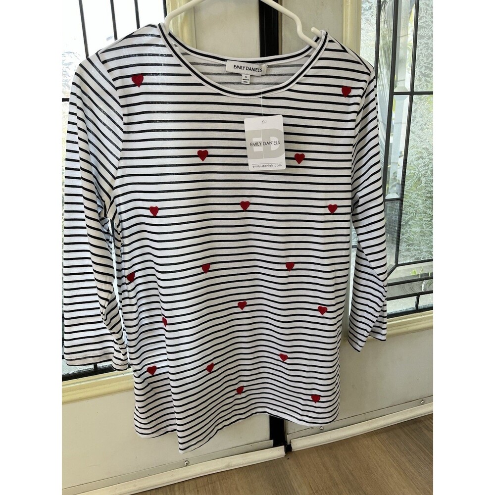 Emily Daniels Women's Black & White Stripes Small Hearts 3/4 Sleeves Size Med